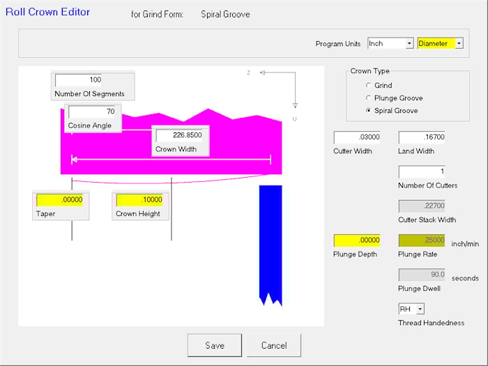 Roll Crown Editor for Spiral Groove